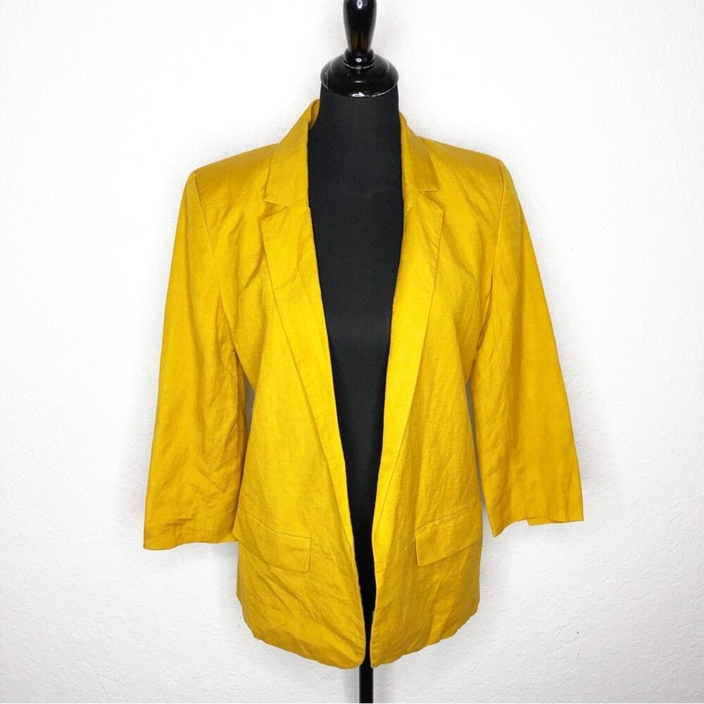 Ann Taylor Factory gold mustard linen blend open front blazer size 8